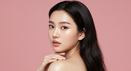 Woman with flawless skin against pink background