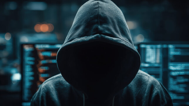 A hooded figure in darkness stands before multiple computer screens displaying code, representing cybersecurity threats or hacking activities.