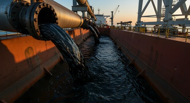 Close-up view of crude oil being pumped through large industrial discharge pipes into the cargo hold of a tanker ship during an offshore transfer at sunrise.