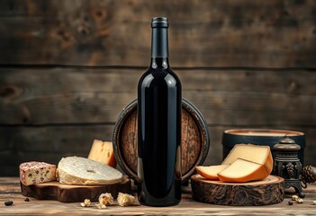Gnarled oak barrel, aged red wine bottle, selection of cheeses,  still life,  platter