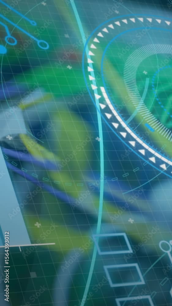 Poster animation of 5g text, scopes scanning and data processing over server