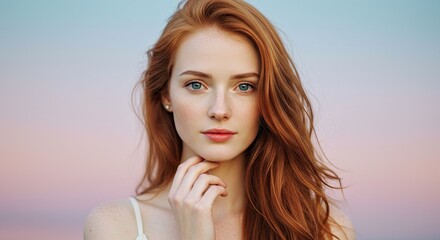 Woman with reddish-brown hair, light skin, and blue eyes