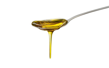 Close up oil drips from spoon isolated on a transparent background