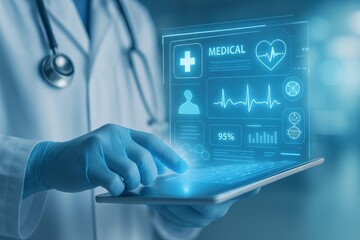 Precision Diagnostics: A healthcare professional utilizes a modern tablet device, showcasing an interface displaying vital signs, pulse, and medical data.