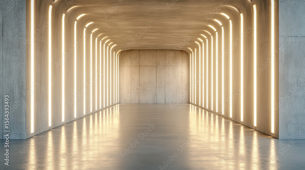 Poster bright tunnel with led light strips illuminating concrete walls and floor, creating modern