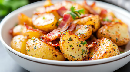 Delicious roasted potatoes with crispy bacon and fresh herbs, perfect for a hearty meal or side dish.