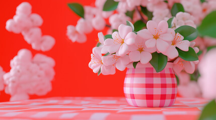 Pink Cherry Blossoms in Gingham Vase on Red Gingham Tablecloth