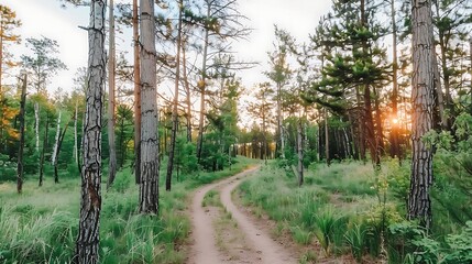 Sunlit trail through an enchanting forest with towering trees and peaceful scenery creating a