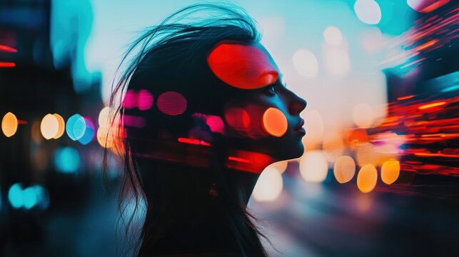 Abstract portrait of a woman with city lights and futuristic style for various creative projects and designs