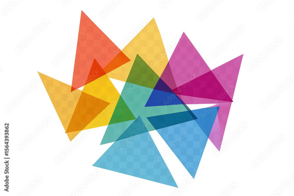 Poster translucent triangles overlapping, forming geometric pattern with vivid color spectrum against clean
