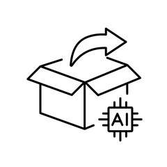 A vector icon of an open box with an outward arrow and AI chip, representing smart return management using artificial intelligence, created in line style with editable stroke