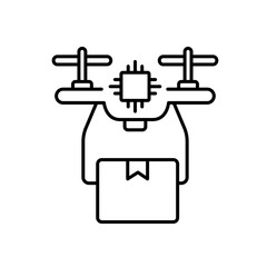 A vector icon of a drone with dual rotors and AI chip, representing next-generation autonomous delivery using artificial intelligence, created in line style with editable stroke