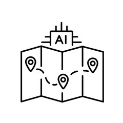 A vector icon of a folded map with delivery path and AI chip, representing smart geographic planning using artificial intelligence, created in line style with editable stroke