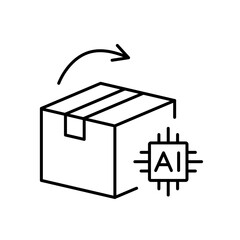 A vector icon of an open box with an outward arrow and AI chip, representing smart return management using artificial intelligence, created in line style with editable stroke