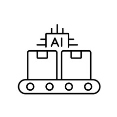 A vector icon of a conveyor belt transporting stacked packages with AI chip, representing automated sorting in logistics using artificial intelligence, created in line style with editable stroke