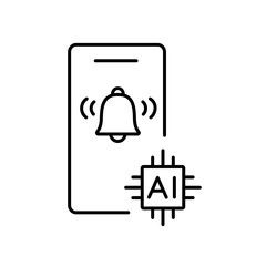A vector icon of a smartphone with a delivery notification and AI chip, representing smart alerts powered by artificial intelligence, created in line style with editable stroke