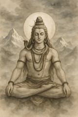Ancient shiva mahadev meditating in lotus pose amidst misty mountains a classic depiction of tranquility and power for sawan spiritual journey