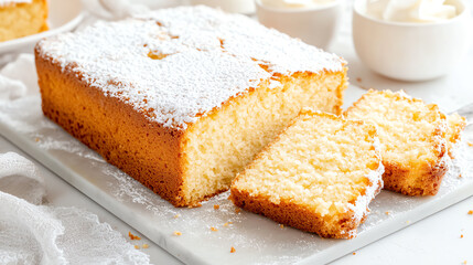 Deliciously moist cake dusted with powdered sugar, perfect for dessert or tea time. Slice and enjoy the sweet flavor!