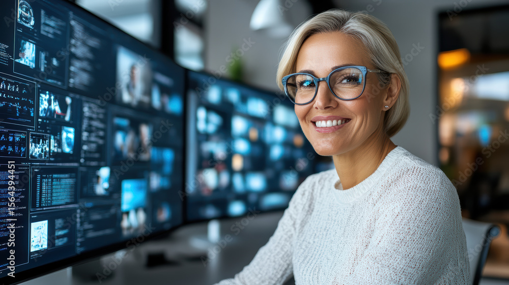 Poster smiling female leader working at multiple computer screens in modern office environment