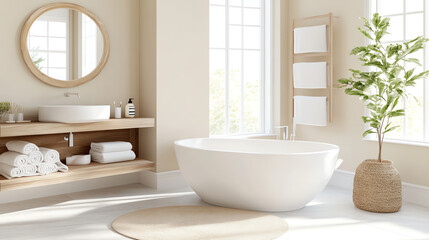 Fototapeta premium Elegant modern bathroom showcasing a freestanding tub, natural light, and serene decor for a relaxing atmosphere.