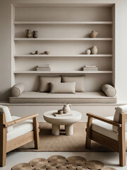 Minimalist neutral-toned living room with built-in shelving, cozy seating, decorative ceramics, and natural textures for modern home decor