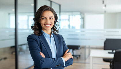 Professional woman smiling with a confident expression with her arms folded against a modern office background.