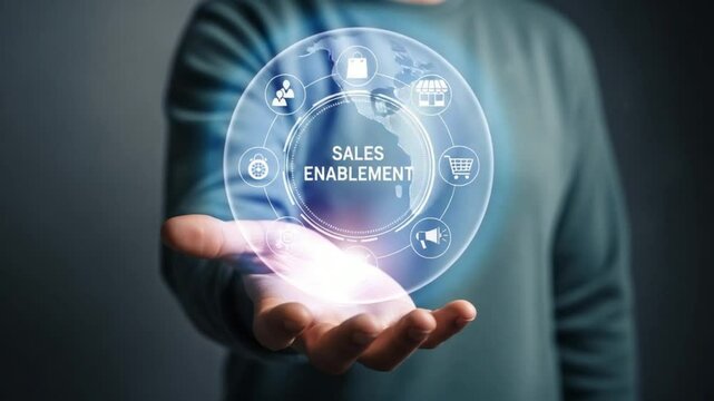 Person holding sales enablement hologram with shopping icons in their outstretched hand showing glow
