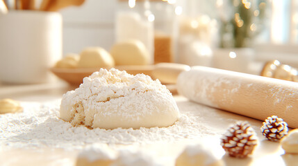 Fresh dough on a kitchen table, ready for baking, with ingredients and decorations, showcasing a warm and inviting atmosphere.