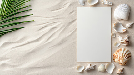 Blank paper surrounded by seashells and green palm leaves sandy background evokes serene summer