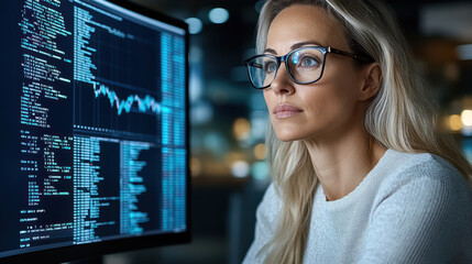 Focused woman analyzing data on computer screen with financial graphs and code displayed
