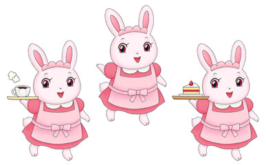 ウサギのカフェ店員のイラストセット