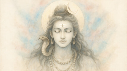 Ethereal depiction of lord shiva meditating with a serene expression and the crescent moon and cobra snake sawan mahadev watercolor painting