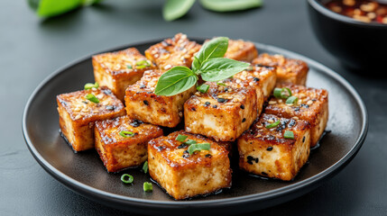 Fried tofu cubes with sweet soy sauce and herbs create delicious dish