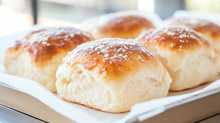 Freshly baked bread rolls with a golden crust and soft texture, perfect for any meal or snack.