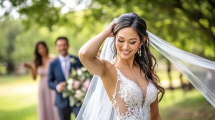 Elegant Asian Bride in Lace Gown and Flowing Veil Celebrates Wedding Day