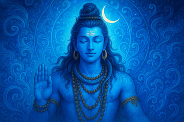 Serene lord shiva in deep meditation blessing with his hand in abhaya mudra against a vibrant blue spiritual backdrop mahadev sawan art
