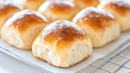Freshly baked golden dinner rolls, soft and fluffy, sitting on a cooling rack, perfect for any meal or gathering.