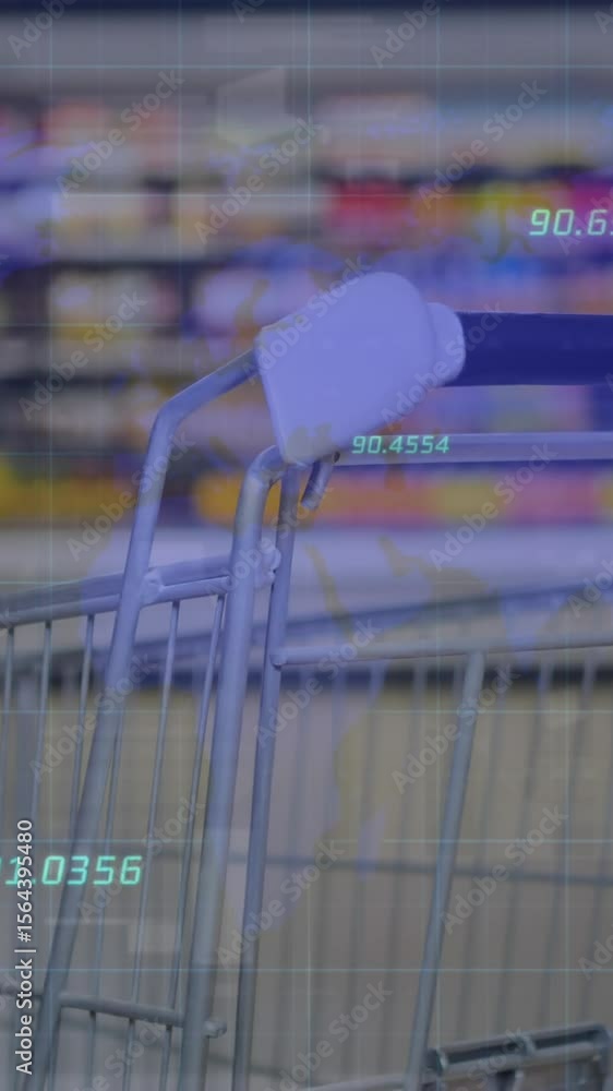 Aufkleber animation of numbers floating and data processing over empty shopping cart at grocery store