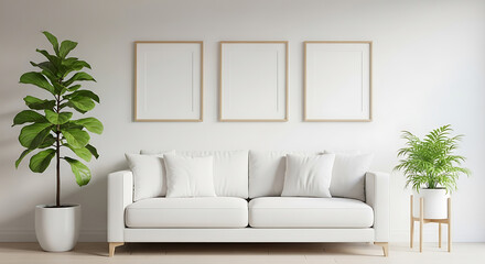 Modern living room design with white sofa three empty frames and potted plants