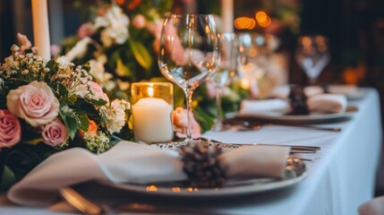 Elegant Wedding Table Setting with Flowers and Candles for Romantic Celebration