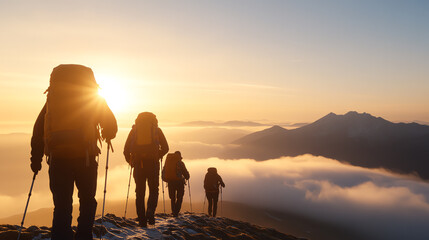 Hikers journeying through mountains at sunrise, surrounded by clouds and stunning landscapes, embodying adventure and exploration.