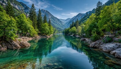 Serene mountain lake reflecting a vibrant sky