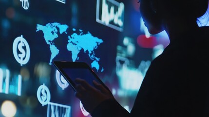Global financial analysis with woman using tablet technology device