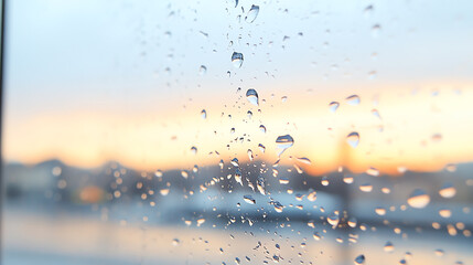 Raindrops cling to a window, creating a serene view of a sunset. The soft light enhances the calming atmosphere of nature.