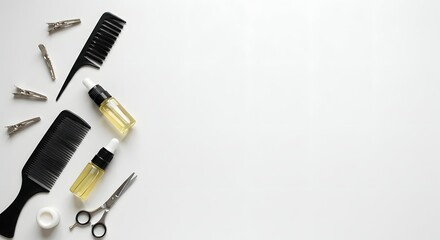 Hairdressing Tools Flat Lay Combs, Scissors, Oil Bottles, and Hair Clips on White Background for Salon Product Presentation and Styling Articles