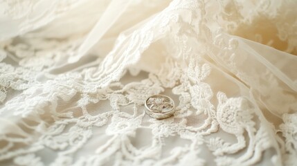 Elegant wedding rings set on intricate lace gown fabric detail