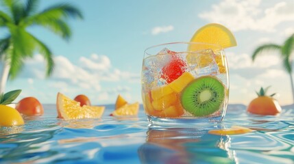 Refreshing Tropical Fruit Drink on a Vibrant Summer Beach Setting
