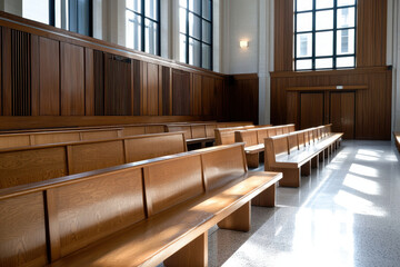 Obraz premium Spacious courtroom featuring wooden benches and large windows, creating serene atmosphere for legal proceedings