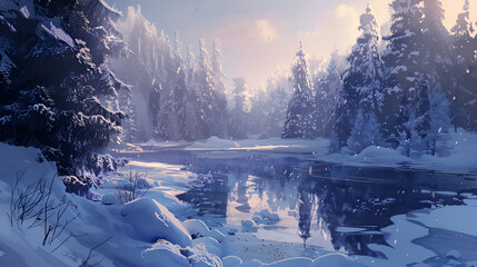 A serene winter landscape with snow covered trees and a partially frozen lake reflecting the sky