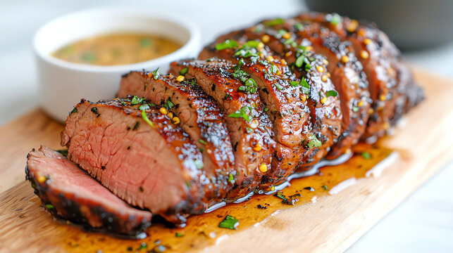 Succulent sliced beef with herbs served on a wooden platter alongside a flavorful dipping sauce.